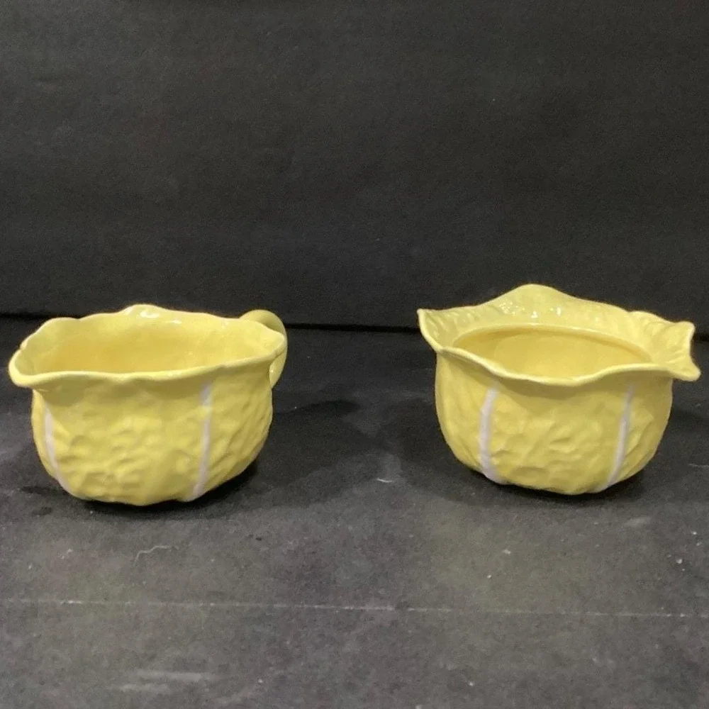 Secla Yellow Cabbage Sugar Bowl & Creamer, Vintage Portugal Majolica Tableware